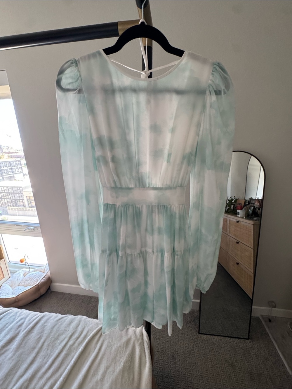 Light Green Tie-Dye Long Sleeve Tiered Mini Dress